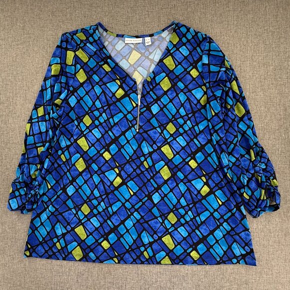 Susan Graver blouse Zipper Blue Green XL Geometric Ruched long Sleeves - Picture 1 of 11